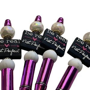Be real, not perfect beaded pen handmade black pink white metallic bling NEW